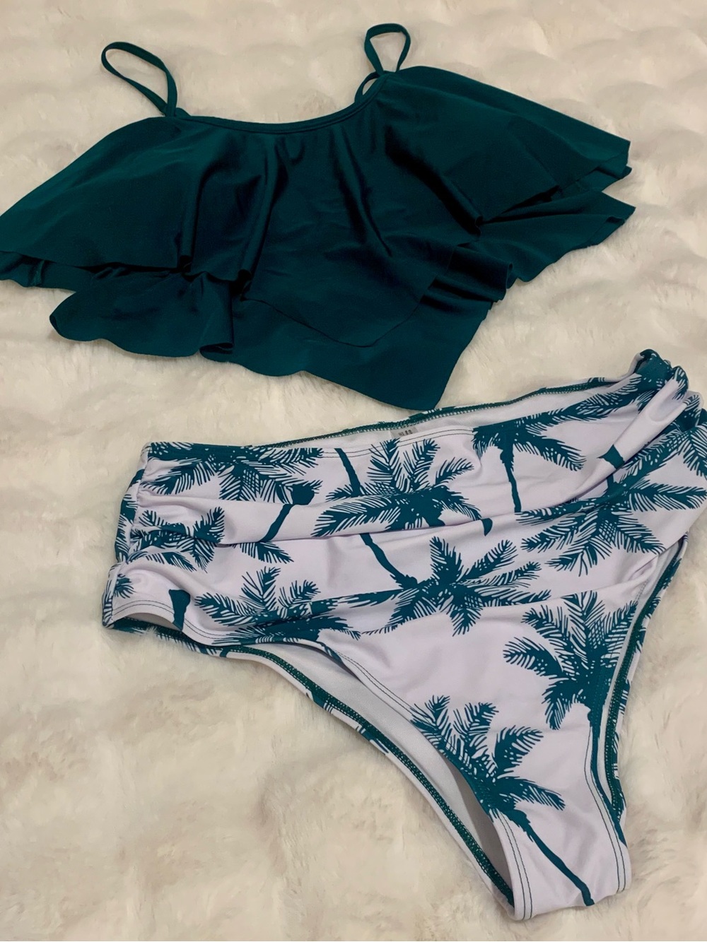 Teal Ruffle Bikini Set with Palm Print High Waist Bottoms